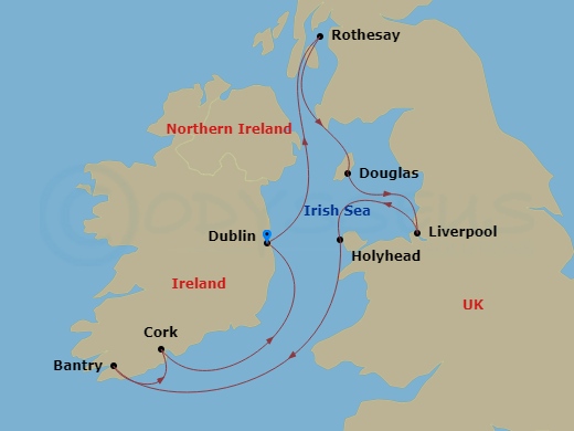 Le Laperouse - 7 Night - Wonders of the Celtic Shores - Le Laperouse - Starting in Dublin, Rothesay, Isle of Bute, Douglas, Liverpool, Holyhead, Wales, Bantry, Cobh, Dublin itinerary map
