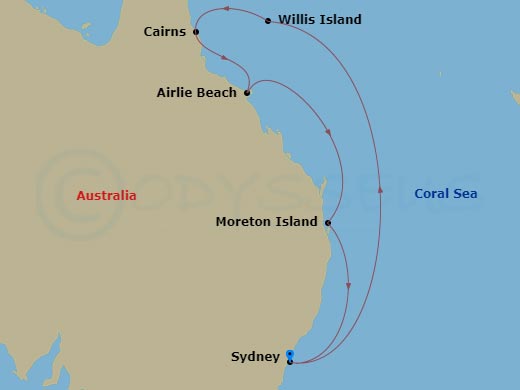 Carnival Splendor - 9 Night - Great Barrier Reef - Carnival Splendor - Starting in Sydney AU, Willis Island, Cairns, Australia, Airlie Beach, Australia, Moreton Island, Australia.. itinerary map