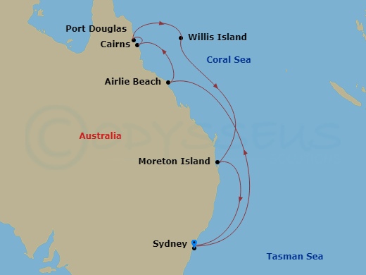 Carnival Splendor - 10 Night - Great Barrier Reef - Carnival Splendor - Starting in Sydney AU, Airlie Beach, Australia, Cairns, Australia, Port Douglas, Australia, Willis Island,.. itinerary map