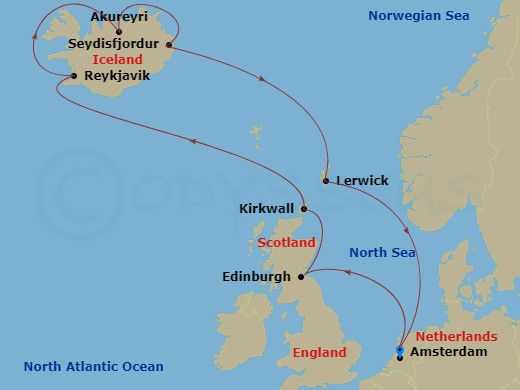 Celebrity Eclipse - 12 Night - Iceland & Scotland Cruise - Celebrity Eclipse - Starting in Amsterdam, Netherlands, Edinburgh, Scotland, Kirkwall, Scotland, Reykjavik, Iceland, Ak.. itinerary map