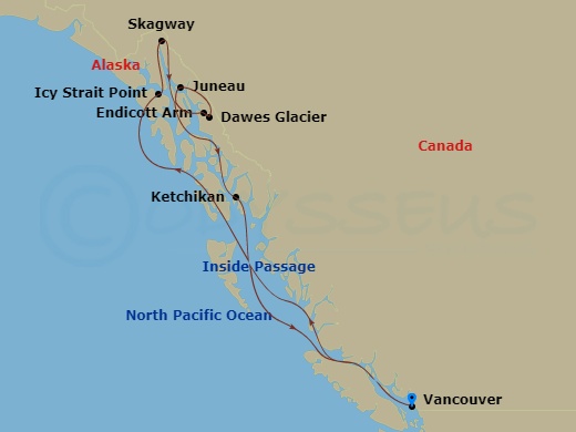 Celebrity Solstice - 7 Night - Alaska Dawes Glacier Cruise - Celebrity Solstice - Starting in Vancouver, British Columbia, Inside Passage (Cruising), Icy Strait Point, Alaska, Ska.. itinerary map