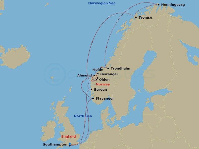 Celebrity Apex - 14 Night - Norwegian Fjords & Arctic Circle - Celebrity Apex - Starting in Southampton, England, Stavanger, Norway, Alesund, Norway, Olden, Norway, Arctic Cir.. itinerary map