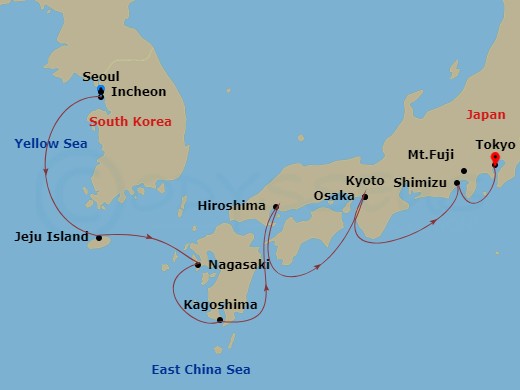Celebrity Millennium - 12 Night - Best of Japan & South Korea - Celebrity Millennium - Starting in Seoul (Incheon), South Korea, Jeju Island, South Korea, Nagasaki, Japan, Kagoshima.. itinerary map