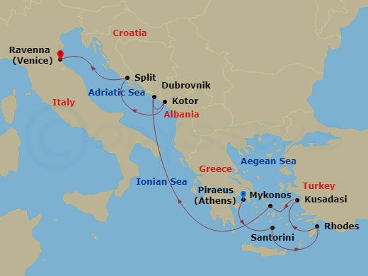 Celebrity Eclipse - 10 Night - Adriatic & Greek Isles Cruise - Celebrity Eclipse - Starting in Athens (Piraeus), Greece, Santorini, Greece, Rhodes, Greece, Ephesus (Kusadasi), Tu.. itinerary map
