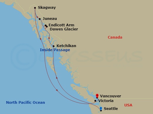 Celebrity Edge - 7 Night - Alaska Dawes Glacier Cruise - Celebrity Edge - Starting in Seattle, Washington, Ketchikan, Alaska, Endicott Arm and Dawes Glacier, Juneau, Alaska, S.. itinerary map