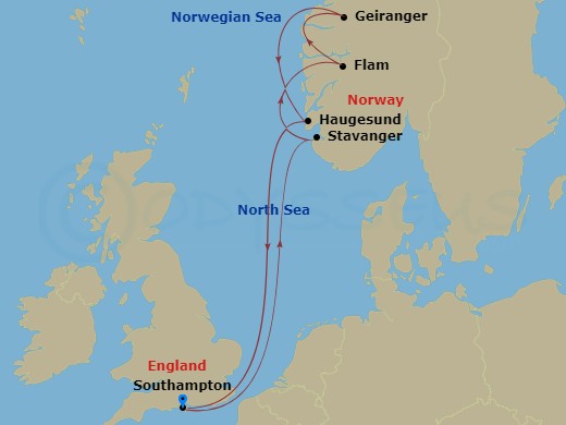 Celebrity Apex - 7 Night - Norwegian Fjords Cruise - Celebrity Apex - Starting in Southampton, England, Stavanger, Norway, Flam, Norway, Geiranger, Norway, Haugesund, Norway,.. itinerary map