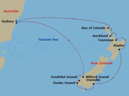 Celebrity Edge - 12 Night - New Zealand Cruise - Celebrity Edge - Starting in Sydney AU, Milford Sound, New Zealand, Doubtful Sound, Dusky Sound, Dunedin, New Zealand, Napier,.. itinerary map