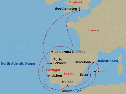 Celebrity Apex - 14 Night - Spain & Portugal Solar Eclipse - Celebrity Apex - Starting in Southampton, England, Porto (Leixoes), Portugal, Lisbon, Portugal, Palma De Mallorca,.. itinerary map