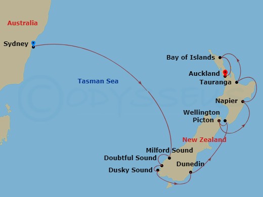 Celebrity Edge - 11 Night - New Zealand Cruise - Celebrity Edge - Starting in Sydney AU, Milford Sound, New Zealand, Doubtful Sound, Dusky Sound, Dunedin, New Zealand, Welling.. itinerary map