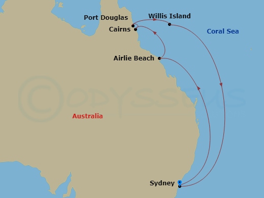 Celebrity Edge - 11 Night - Great Barrier Reef Cruise - Celebrity Edge - Starting in Sydney AU, Airlie Beach, Australia, Cairns (Yorkeys Knob), Australia, Port Douglas, Austra.. itinerary map