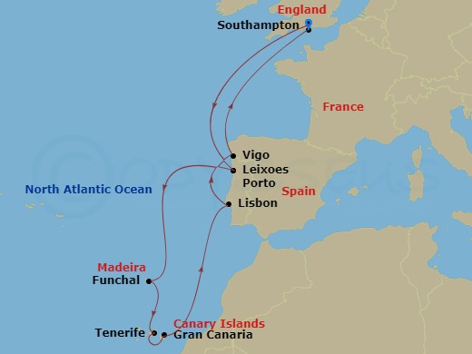 Celebrity Apex - 11 Night - Canaries & Portugal Cruise - Celebrity Apex - Starting in Southampton, England, Porto (Leixoes), Portugal, Madeira (Funchal), Portugal, Tenerife, C.. itinerary map