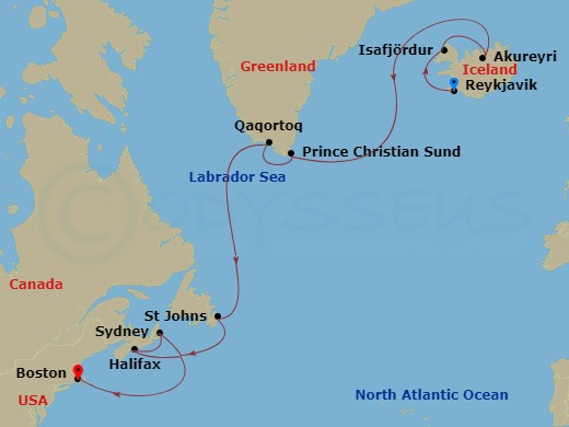 Celebrity Silhouette - 14 Night - Greenland & Iceland Cruise - Celebrity Silhouette - Starting in Reykjavik, Iceland, Isafjordur, Iceland, Akureyri, Iceland, Prins Christian Sund (C.. itinerary map