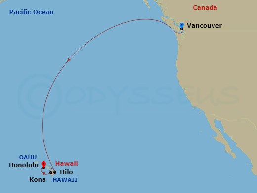 Celebrity Edge - 10 Night - Hawaii Cruise - Celebrity Edge - Starting in Vancouver, British Columbia, Hilo, Hawaii, Kailua Kona, Hawaii, Honolulu, Oahu, Hawaii itinerary map