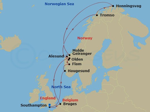 Celebrity Apex - 14 Night - Norwegian Fjords & Arctic Circle - Celebrity Apex - Starting in Southampton, England, Haugesund, Norway, Flam, Norway, Olden, Norway, Arctic Circle.. itinerary map