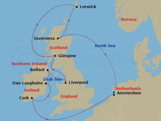 Celebrity Eclipse - 12 Night - British Isles Cruise - Celebrity Eclipse - Starting in Amsterdam, Netherlands, Cork (Cobh), Ireland, Dun Laoghaire, Ireland, Belfast, Northern Irel.. itinerary map
