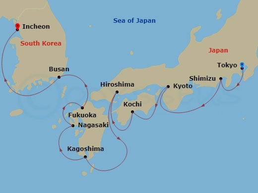 Celebrity Millennium - 12 Night - Best of Japan & South Korea - Celebrity Millennium - Starting in Tokyo, Japan, Mount Fuji (Shimizu), Japan, Kyoto (Osaka), Japan, Kochi, Japan, Hir.. itinerary map