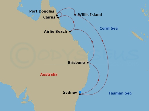 Celebrity Edge - 10 Night - Great Barrier Reef Cruise - Celebrity Edge - Starting in Sydney AU, Brisbane, Australia, Airlie Beach, Australia, Cairns (Yorkeys Knob), Australia,.. itinerary map