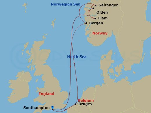 Celebrity Apex - 8 Night - Norwegian Fjords Cruise - Celebrity Apex - Starting in Southampton, England, Bergen, Norway, Geiranger, Norway, Olden, Norway, Flam, Norway, Bruges,.. itinerary map