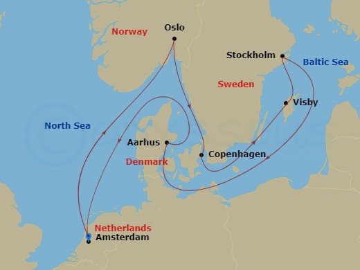 Celebrity Eclipse - 11 Night - Best of Scandinavia Cruise - Celebrity Eclipse - Starting in Amsterdam, Netherlands, Oslo, Norway, Copenhagen, Denmark, Visby, Sweden, Stockholm, S.. itinerary map