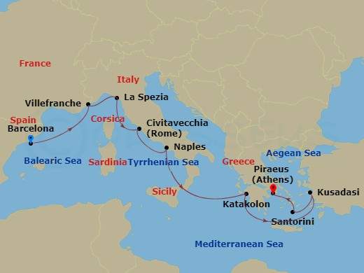 Celebrity Eclipse - 11 Night - Italy, France & Greece Cruise - Celebrity Eclipse - Starting in Barcelona, Spain, Nice (Villefranche), France, Florence / Pisa (La Spezia), Italy,.. itinerary map