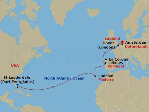 Celebrity Eclipse - 14 Night - Spain & Portugal Transatlantic - Celebrity Eclipse - Starting in Fort Lauderdale, Florida, Madeira (Funchal), Portugal, Porto (Leixoes), Portugal,.. itinerary map