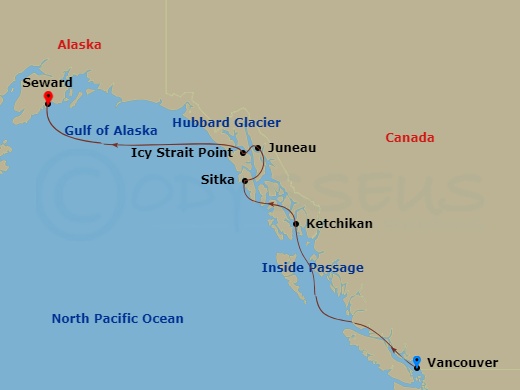 Celebrity Summit - 7 Night - Alaska Northbound Glacier - Celebrity Summit - Starting in Vancouver, British Columbia, Inside Passage (Cruising), Ketchikan, Alaska, Sitka, Alaska,.. itinerary map