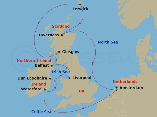 Celebrity Eclipse - 12 Night - British Isles Cruise - Celebrity Eclipse - Starting in Amsterdam, Netherlands, Waterford (Dunmore East), Ireland, Dun Laoghaire, Ireland, Liverpool.. itinerary map