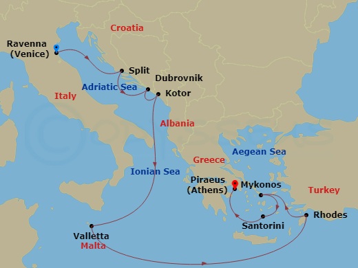 Celebrity Eclipse - 11 Night - Adriatic & Greek Isles Cruise - Celebrity Eclipse - Starting in Ravenna, Italy, Split, Croatia, Dubrovnik, Croatia, Kotor, Montenegro, Valletta, Ma.. itinerary map