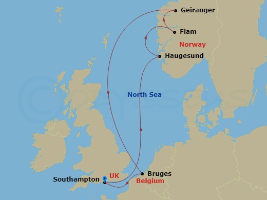 Celebrity Apex - 7 Night - Norwegian Fjords Cruise - Celebrity Apex - Starting in Southampton, England, Haugesund, Norway, Flam, Norway, Geiranger, Norway, Bruges, (Zeebrugge).. itinerary map