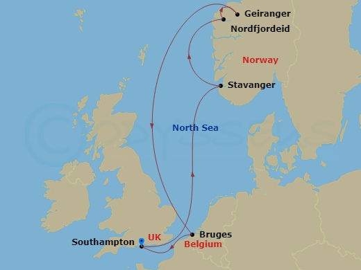 Celebrity Apex - 7 Night - Norwegian Fjords Cruise - Celebrity Apex - Starting in Southampton, England, Stavanger, Norway, Nordfjordeid, Norway, Geiranger, Norway, Bruges, (Ze.. itinerary map