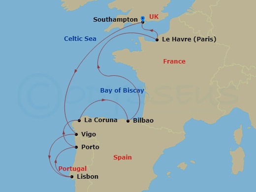 Celebrity Apex - 9 Night - Spain, Portugal & France - Celebrity Apex - Starting in Southampton, England, Vigo, Spain, Lisbon, Portugal, Porto (Leixoes), Portugal, La Coruna, S.. itinerary map