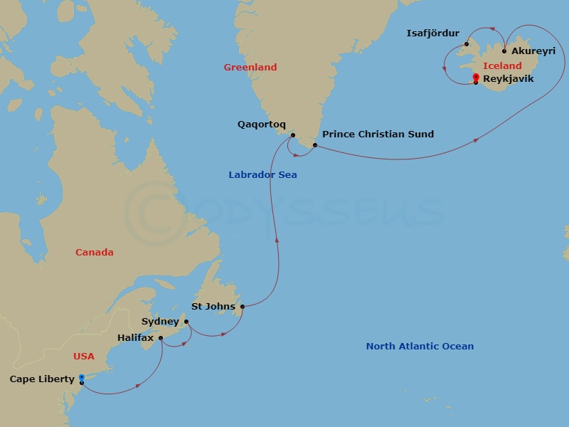 Celebrity Silhouette - 13 Night - Greenland & Iceland Cruise - Celebrity Silhouette - Starting in Cape Liberty, Nj (Ny Metro), Halifax, Nova Scotia, Sydney NS, Nova Scotia, St Johns.. itinerary map