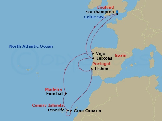 Celebrity Apex - 11 Night - Canaries & Portugal Cruise - Celebrity Apex - Starting in Southampton, England, Porto (Leixoes), Portugal, Lisbon, Portugal, Gran Canaria, Canary I.. itinerary map