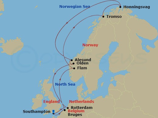 Celebrity Apex - 12 Night - Norwegian Fjords & Arctic Circle - Celebrity Apex - Starting in Southampton, England, Bruges, (Zeebrugge), Belgium, Flam, Norway, Arctic Circle (Cr.. itinerary map