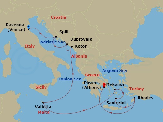Celebrity Eclipse - 11 Night - Adriatic & Greek Isles Cruise - Celebrity Eclipse - Starting in Ravenna, Italy, Split, Croatia, Dubrovnik, Croatia, Kotor, Montenegro, Valletta, Ma.. itinerary map
