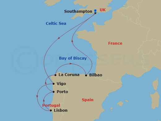 Celebrity Apex - 8 Night - Spain and Portugal Cruise - Celebrity Apex - Starting in Southampton, England, Vigo, Spain, Lisbon, Portugal, Porto (Leixoes), Portugal, La Coruna,.. itinerary map