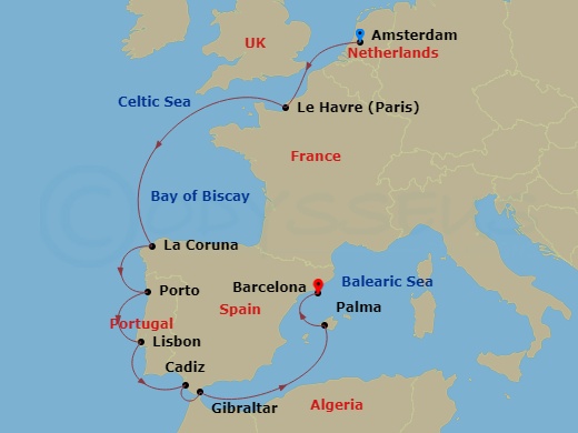 Celebrity Eclipse - 12 Night - France, Spain & Portugal - Celebrity Eclipse - Starting in Amsterdam, Netherlands, Paris (Le Havre), France, La Coruna, Spain, Porto (Leixoes), Por.. itinerary map
