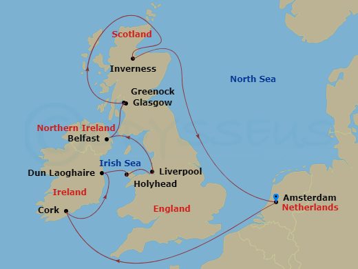 Celebrity Eclipse - 12 Night - British Isles Cruise - Celebrity Eclipse - Starting in Amsterdam, Netherlands, Cork (Cobh), Ireland, Dun Laoghaire, Ireland, Holyhead, Wales, Liver.. itinerary map
