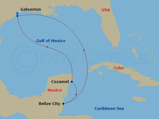 Carnival Dream - 6 Night - Western Caribbean - Carnival Dream - Starting in Galveston, Tx, Belize, Cozumel, Mexico, Galveston, Tx itinerary map