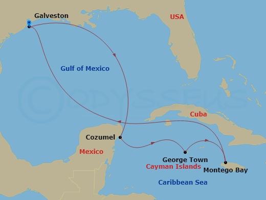 Carnival Dream - 8 Night - Western Caribbean - Carnival Dream - Starting in Galveston, Tx, Cozumel, Mexico, Grand Cayman, Cayman Islands, Montego Bay, Jamaica, Galveston, Tx itinerary map