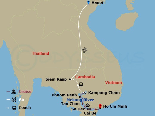 Viking Saigon Cruise Tours - 14 Night - Magnificent Mekong - Viking Saigon Cruise Tours - Starting in Hanoi, Siem Reap, Kampong Cham, Phnom Penh, Scenic Sailing : Mekong River, Tan Chau,.. itinerary map