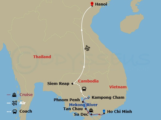 Viking Saigon Cruise Tours - 14 Night - Magnificent Mekong - Viking Saigon Cruise Tours - Starting in Ho Chi Minh City, Sa Dec, Tan Chau, Phnom Penh, Scenic Sailing : Mekong River, Kampon.. itinerary map