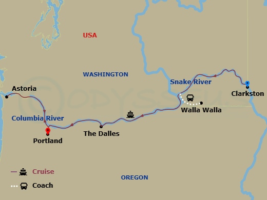 National Geographic Sea Bird - 7 Night - Columbia and Snake Rivers : Food, Wine and History - National Geographic Sea Bird - Starting in Clarkston / Disembark Ship, Clarkston, Palouse River.. itinerary map