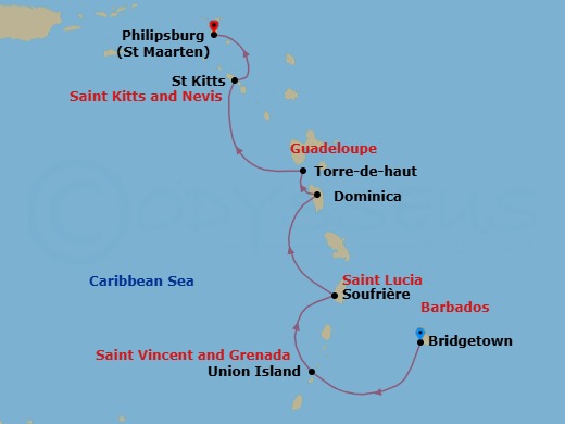 7 Night - Sailing St. Lucia, Dominica and Beyond - Sea Cloud II - Starting in Bridgetown, Barbados / Embark Ship, Union Island, Saint Vincent and Grenadines / Under Sail, Soufriere, Saint Lucia / Under Sail, Dominica, Terre-de-Haut, Iles des Saintes, Guadeloupe / Under Sail, Saint Kitts, Saint Kitts and Nevis / At Sea, Philipsburg, Sint Maarten / Disembark Ship itinerary map