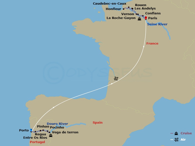 Scenic Azure - 20 Night - Normandy & Gems of the Seine & Unforgettable Douro - Scenic Azure - Starting in Porto, Porto / Entre-os-Rios, Entre-os-Rios / Regua, Regua, Regua /.. itinerary map
