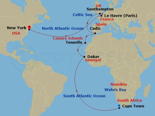 Queen Mary 2 - 25 Night - Cape Town to New York - Queen Mary 2 - Starting in Cape Town, South Africa, Walvis Bay, Namibia, Dakar, Senegal, Tenerife, Spain, Cadiz (tours to S.. itinerary map