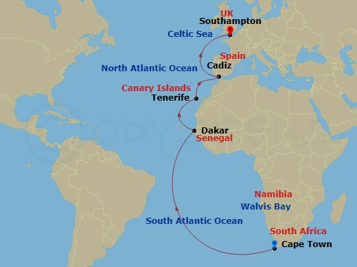 Queen Mary 2 - 17 Night - Cape Town to Southampton - Queen Mary 2 - Starting in Cape Town, South Africa, Walvis Bay, Namibia, Dakar, Senegal, Tenerife, Spain, Cadiz (tours t.. itinerary map
