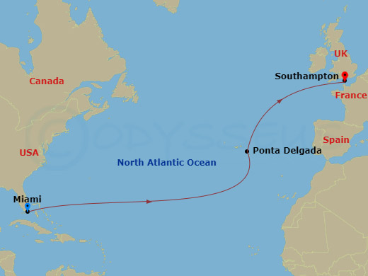 Queen Anne - 11 Night - Miami to Southampton - Queen Anne - Starting in Miami, FL, Ponta Delgada, Azores, Portugal, Southampton, England, UK itinerary map