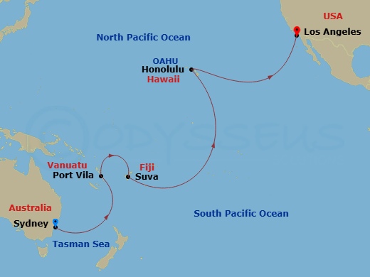 Queen Anne - 19 Night - Sydney to Los Angeles - Queen Anne - Starting in Sydney AU, Australia, Port Vila, Vanuatu, Suva, Fiji, Cross International Date Line (Cruise-by), H.. itinerary map