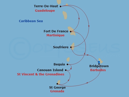 Evrima - 7 Night - Bridgetown / Bridgetown - Evrima - Starting in Bridgetown, St Georges, Bequia, Canouan, Fort-de-France, Terre-De-Haut (Marina Day), Soufriere, Bridg.. itinerary map